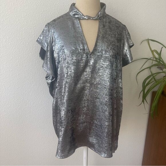 Worthington 0X Shimmering Silver Blouse Keyhole Neck Short Sleeve Satin - Picture 5 of 12